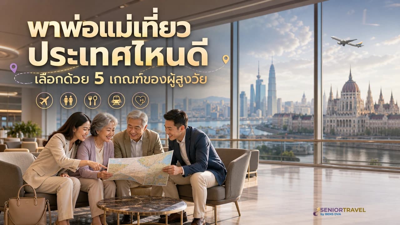 ภาพปกครอบครัวชาวเอเชียกำลังช่วยพ่อแม่เลือกประเทศแรกสำหรับทริปต่างประเทศ