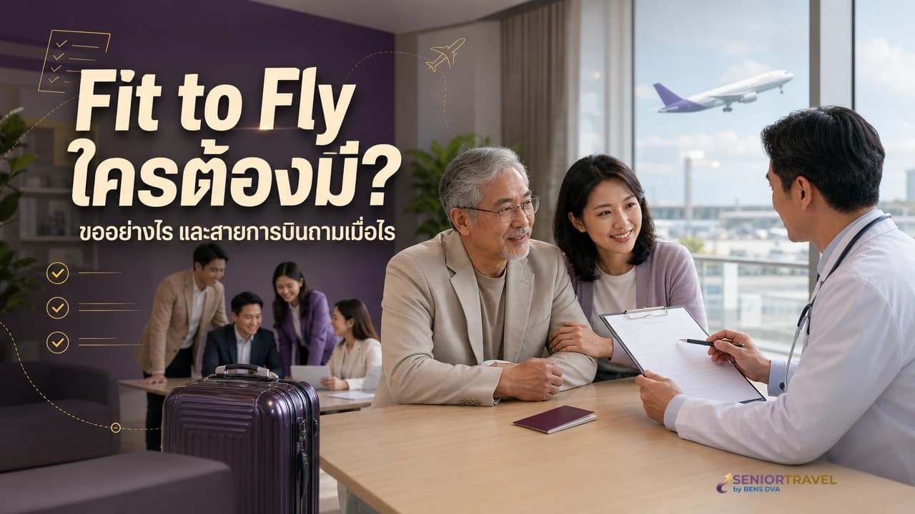 ภาพปกลูกหลานและผู้สูงวัยปรึกษาแพทย์เรื่องใบรับรองความพร้อมก่อนเดินทางทางอากาศ