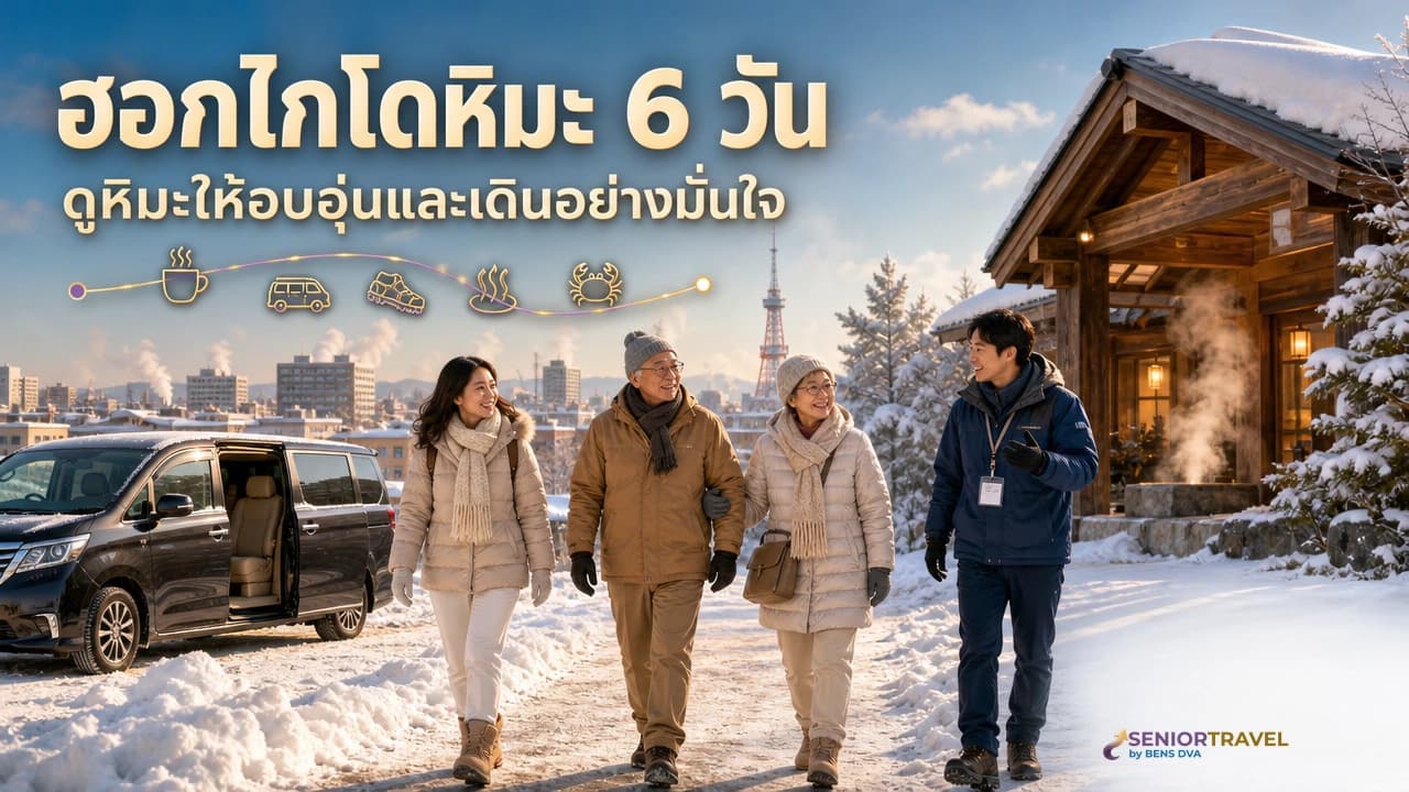ภาพปกผู้สูงวัยเที่ยวฮอกไกโดฤดูหนาวด้วยรถส่วนตัว มีจุดพักอุ่นและทางเดินหิมะที่ดูแลแล้ว