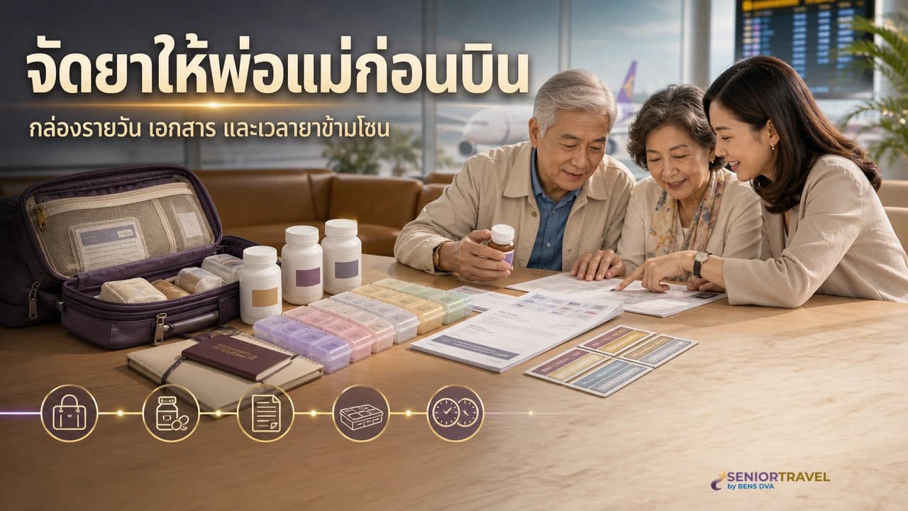 ภาพปกครอบครัวกำลังตรวจรายการยาและเอกสารก่อนพาพ่อแม่เดินทางต่างประเทศ