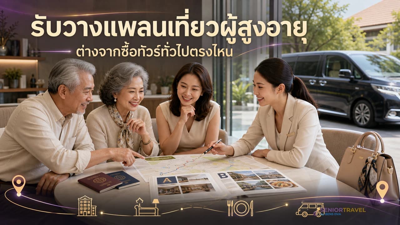 ภาพปกลูกหลานและผู้สูงวัยร่วมวางแผนทริปกับที่ปรึกษาจากข้อมูลสุขภาพและความชอบ