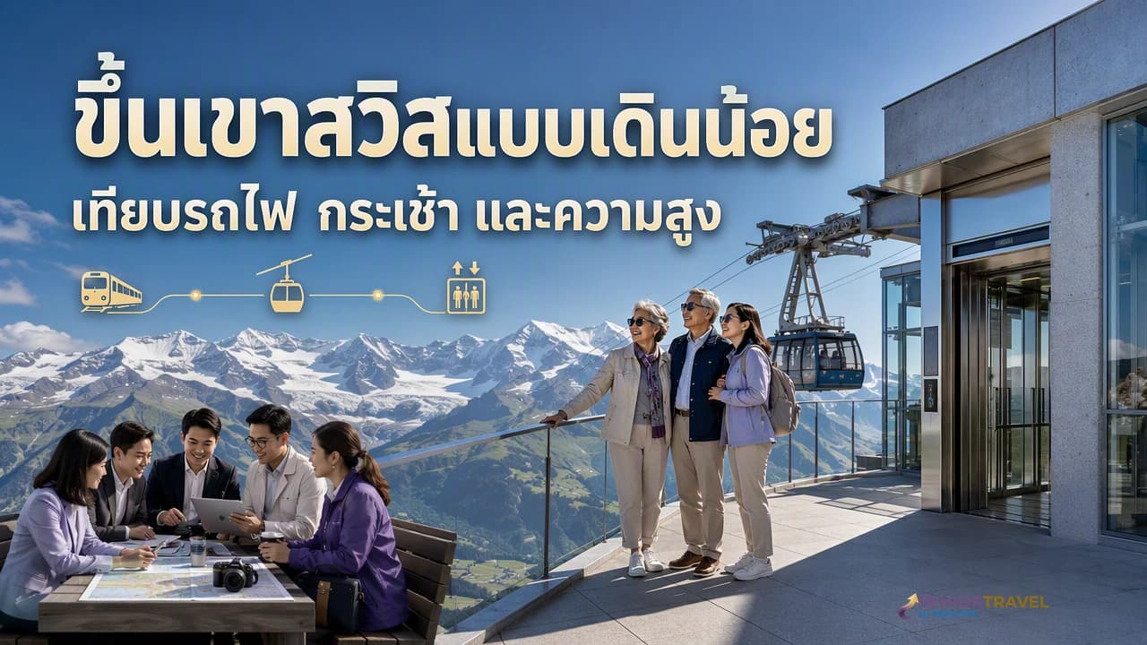 ภาพปกครอบครัวไทยผู้สูงวัยชมเทือกเขาหิมะจากสถานีกระเช้าสวิสที่มีลิฟต์และทางราบ